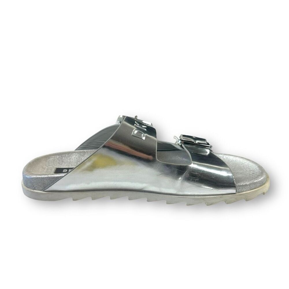 DKNY Women's 9 Metallic Double Buckle Slide Sandals Shiny Silver Futuristic